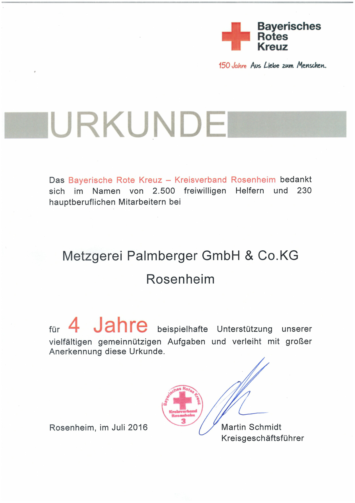 Urkunde von bayerisches rote Kreuz für ehrenamtliche Tätigkeit von Metzgerei Palmberger